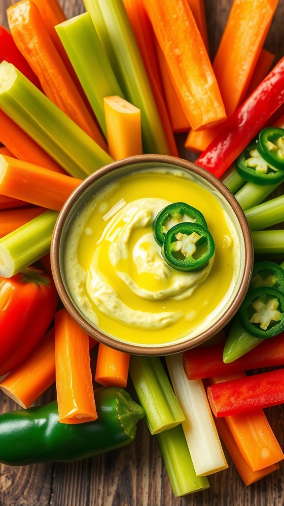 A bowl of spicy jalapeño aioli garnished with jalapeño slices, next to fresh veggies on a wooden table.